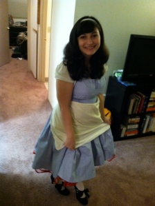 My Alice costume using the blue full skirted dress below.